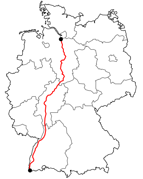 Streckenverlauf der B3 durch Deutschland. Quelle: Wikipedia